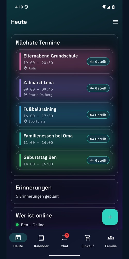 Heute: nächste Termine, Erinnerungen und Online-Status